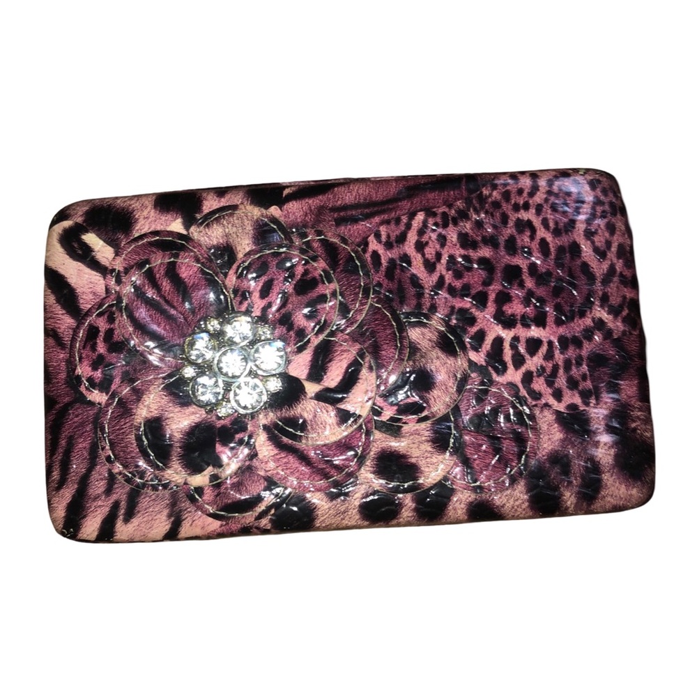 leopard print evening clutch purse rhinestone-encrusted flower NWOT vintage 59
